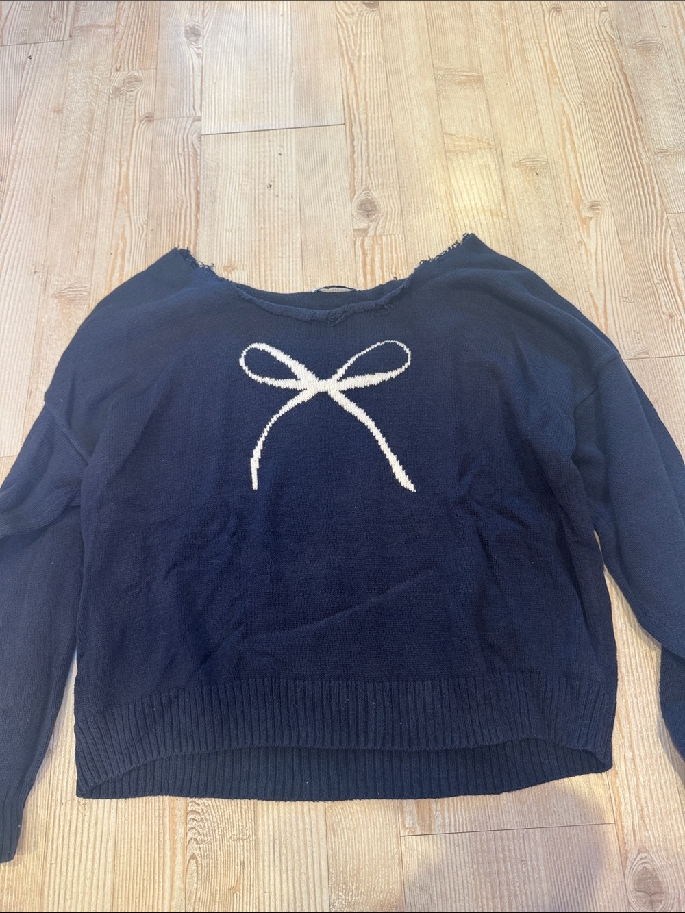 Hollister Navy Off-the-Shoulder Sweater with Cream Bow